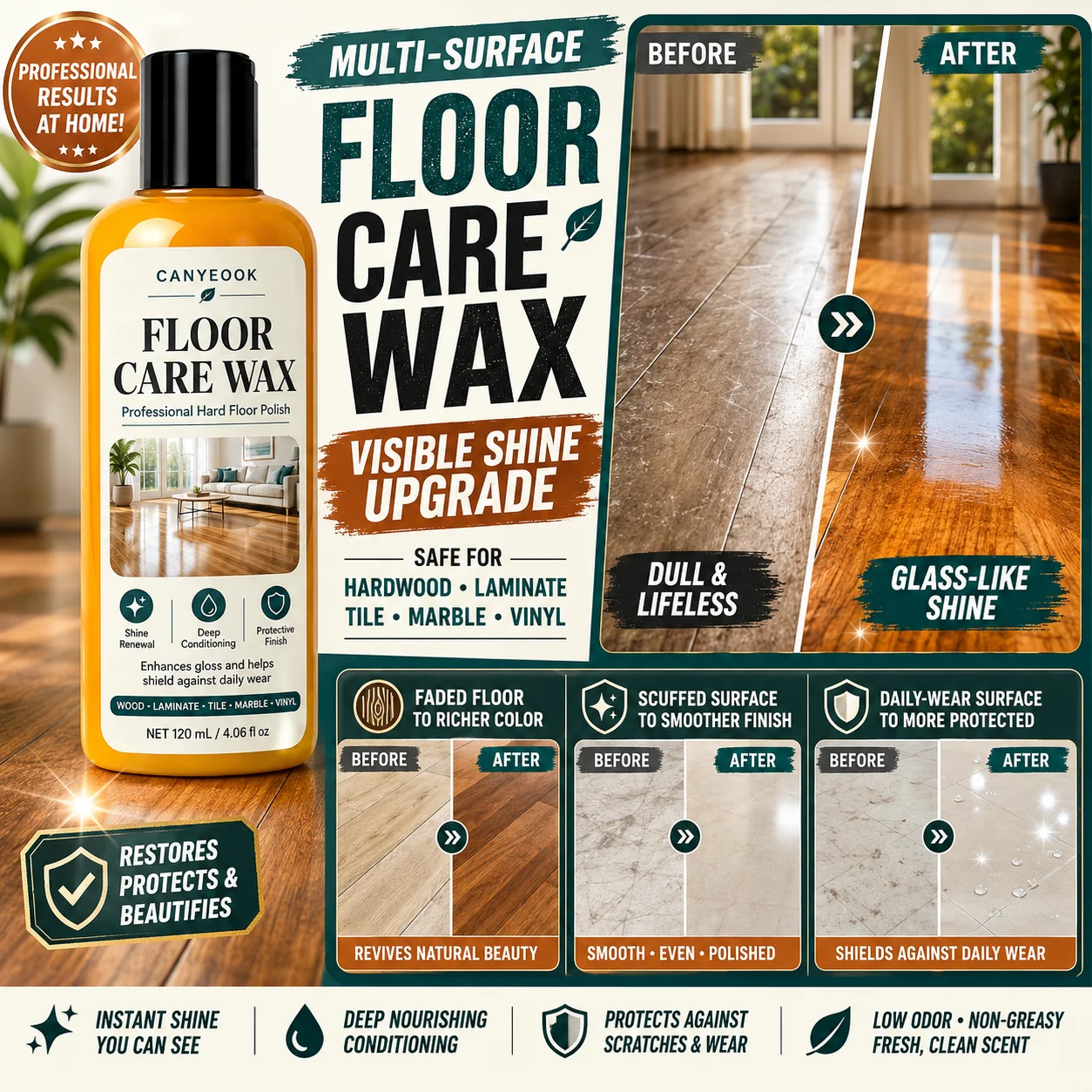 120ml Floor Essential Wax - Natural Wood Floor Care Oil, Anti-Scratch & High-Gloss Finish, Suitable for Home Floors & Automotive