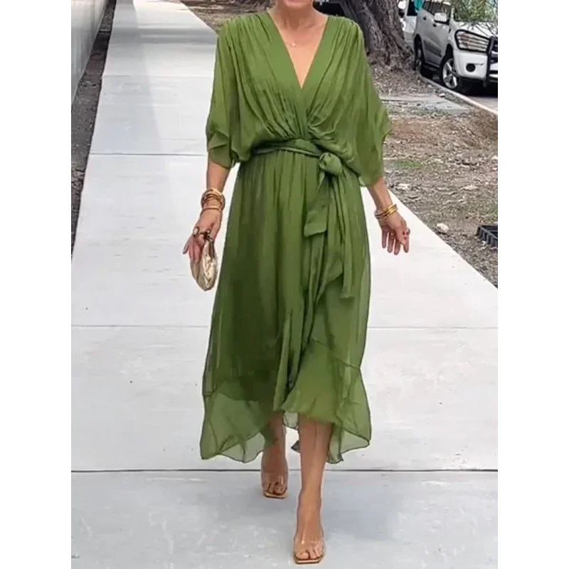 Women Crossover Deep V Neck Dresses Elegant Bat Sleeve See-through Mesh Hem Dress Female Commuter Casual High Waist Long Gown 24