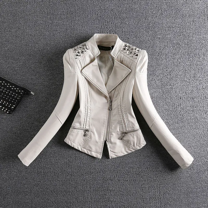 2023 Fashion Motorcycle Leather Jacket Women Spring And Autumn Rivet Coat Short Slim Coats Large size 4XL