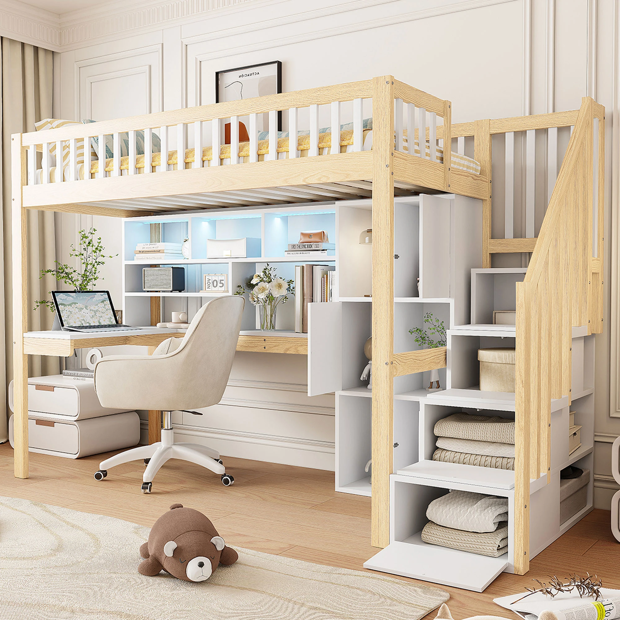 Lit Mezzanine 90x200 cm - Lit Simple avec Bureau, Placard et Étagères, LED Intégrée - Bois Blanc + Naturel