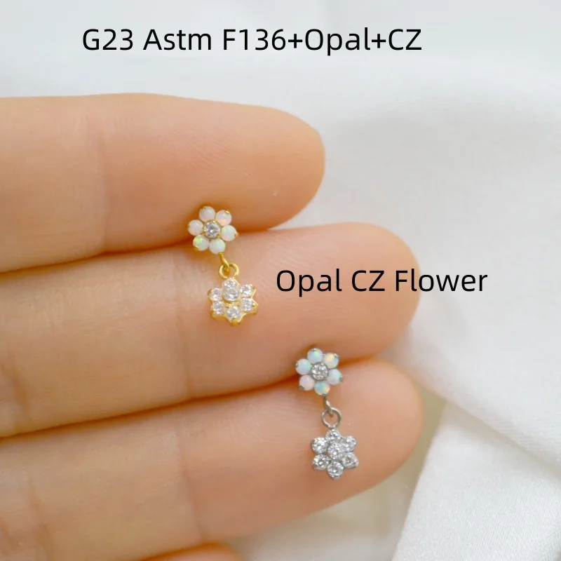 10pcs G23 Titanium Astm F136 Flower CZ Opal Lip Labret Ring Bar Ear Cartilage Helix Rook Tragus Studs 16G Body Piercing Jewelry