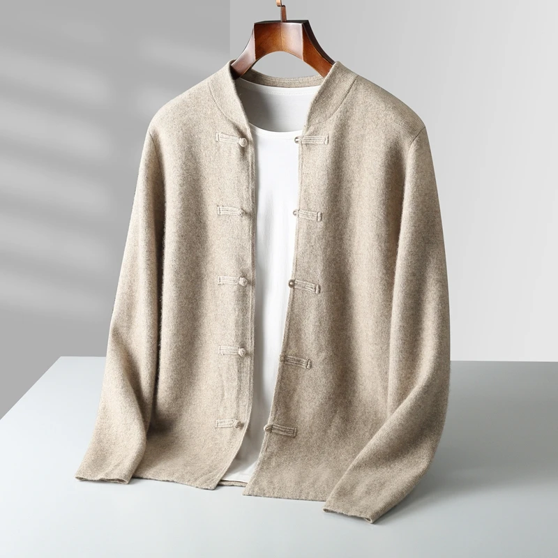 New Chinese Style Buttoned Collar 100% Cashmere Open Cardigan Sweater for Men with Thick Knitting in Autumn and Winter - Traditi