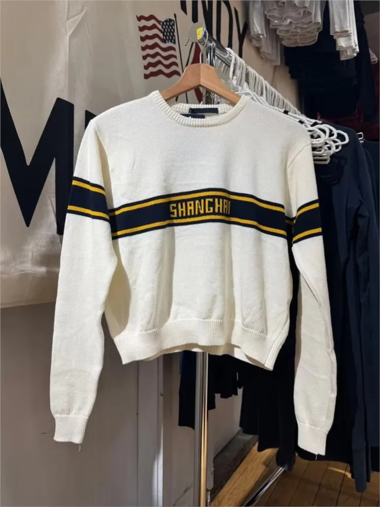 

Жаккардовые свитеры с буквенным принтом для женщин, весенние, простые, с круглым вырезом, с длинным рукавом, хлопковый джемпер, винтажный уличный стиль, шикарные пуловеры Y2K