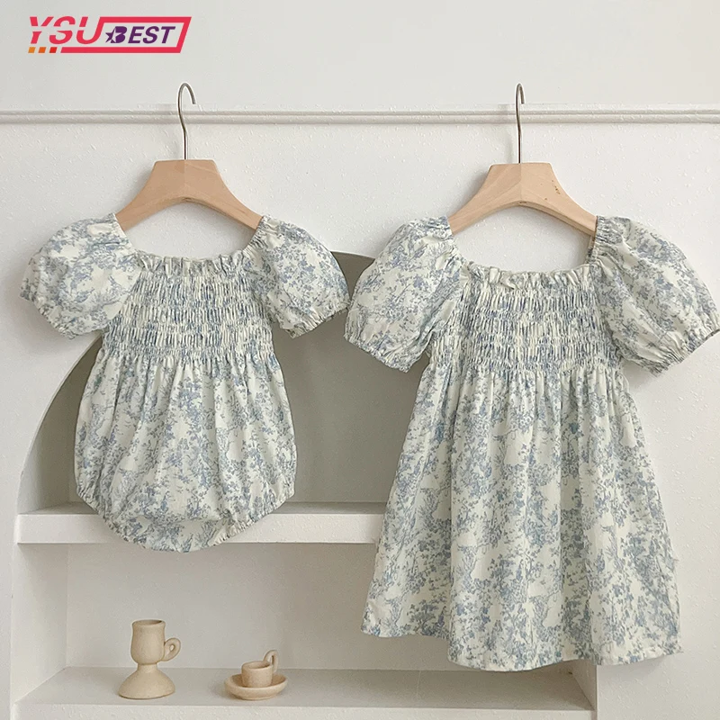 Summer Sister Dress Infant Newborn Baby Girl Clothes Sister Female Baby Small Broken Blue Flower Short Sleeved Romper Clothes