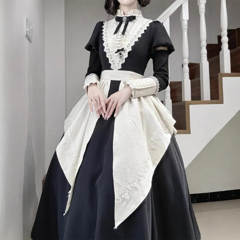 Image of Neues Gothic-Lolita-Kleid für Frauen, viktorianisches Vintage-Stil, schwarze Nonne, Dienstmädchen, Cosplay-Outfit, weiblich, Halloween, Karneval, Teeparty-Kostüme