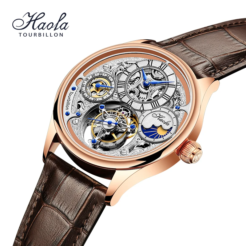 

Haofa GMT Flying Tourbillon Мужские часы с сапфировым стеклом Ручные механические часы День и ночь Наручные часы Повседневные деловые 1035
