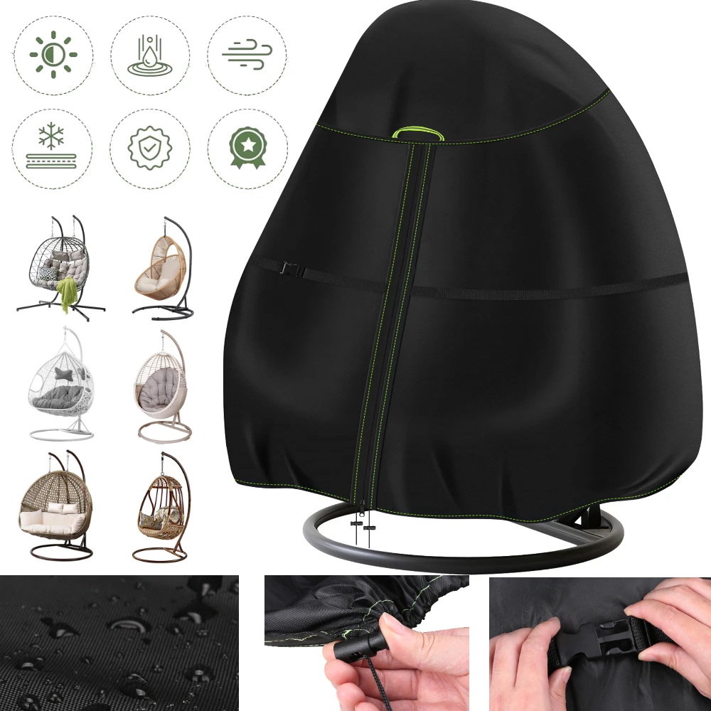Waterproof Hanging Chair Cover with Zipper & Buckle Anti UV Outdoor Garden Swing Egg Chair Rattan Seat Furniture Cover