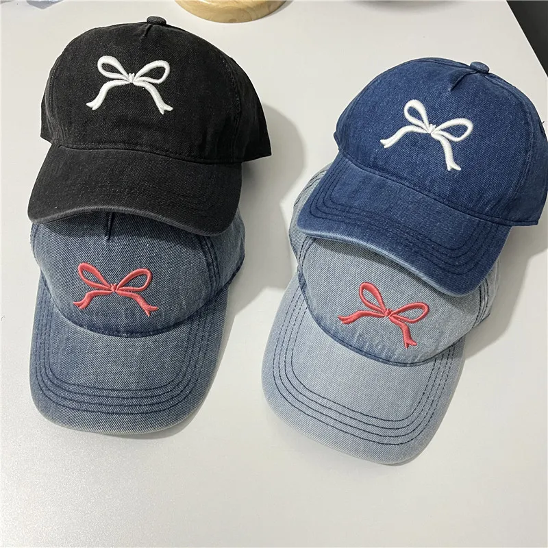 

Sweet Bow Embroidery Denim Baseball Cap Women Spring Summer New Outdoor Visor Hat Vintage Washed Snapback Cap Hip Hop Peaked Hat