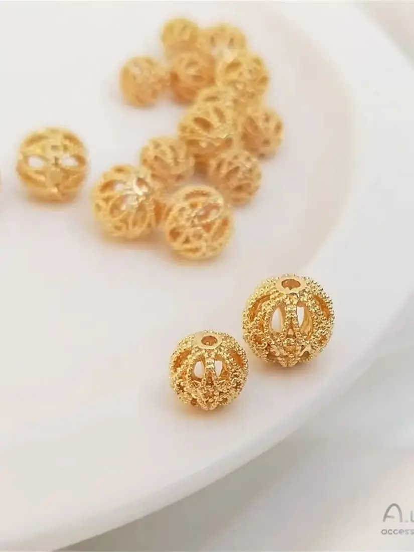 14K Gold-Plated Hollow Flower Ball Round Bead Separated Beads, Handmade DIY String Bracelet Necklace Jewelry Loose Bead Material