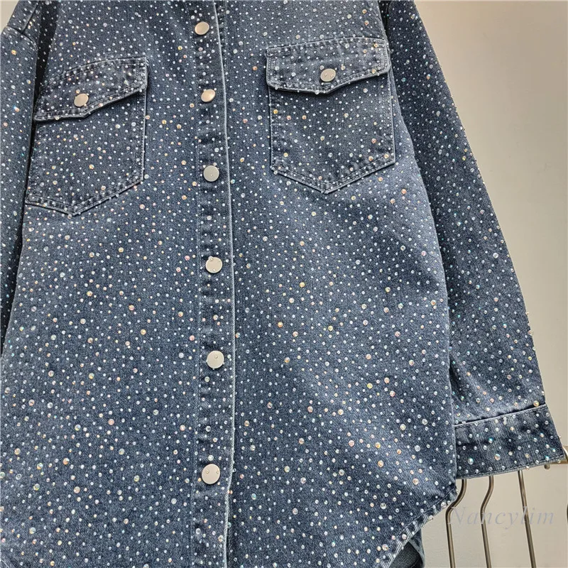 European Style Hot Drill Top Women 2024 Autumn New High Temperature Rhinestone Single-Breasted Denim Shirt Jacket