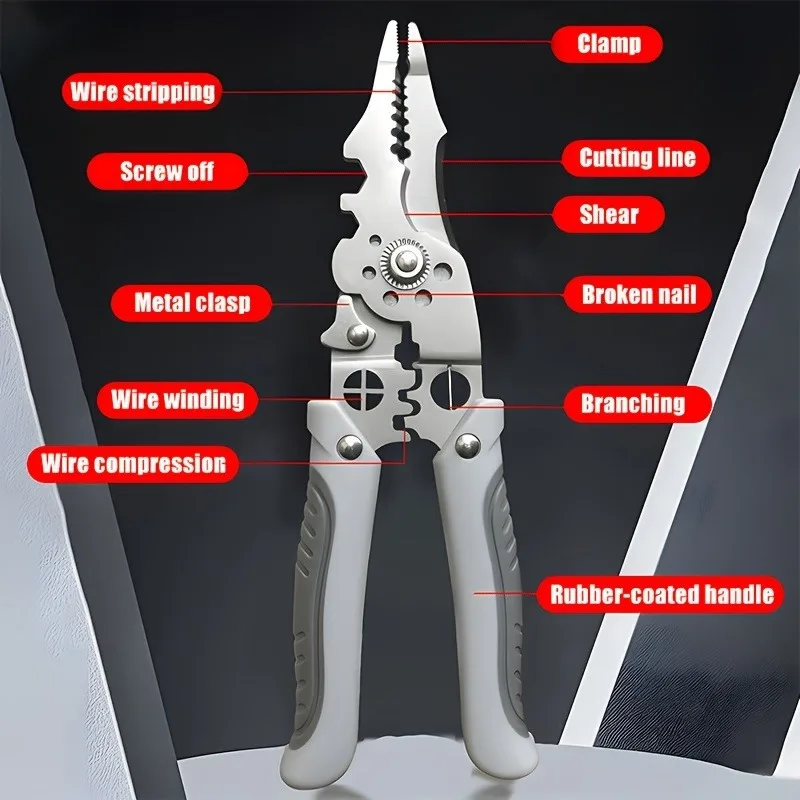 Stainless Steel Electric Pliers with Ergonomic Handle 7' Multi-Purpose Industrial Wire Stripper Pliers Crimp Weight Model