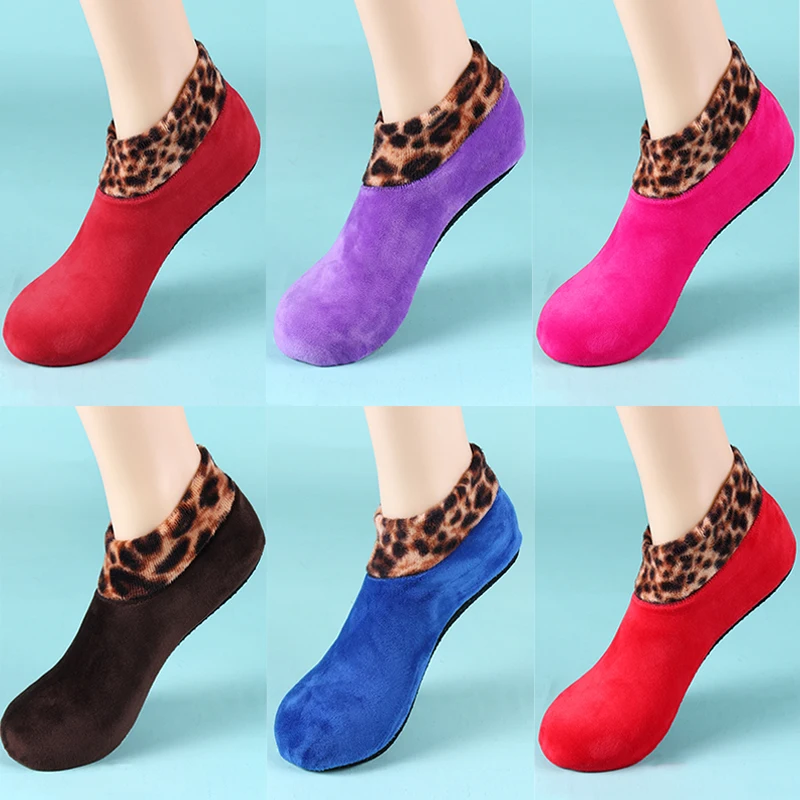 Winter Warm Thicken Soft Bed Slipper Socks Women Men Fleece Elastic Floor Slipper Non Slip Ankle Socks Leopard Home Socks Unisex