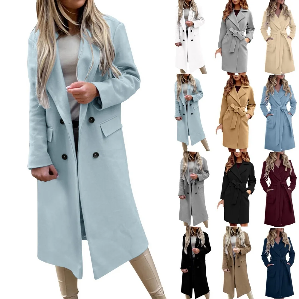 Women's Autumn And Winter Coat Solid Color Fashion Slim-fit Belt Lapel Woolen Pocketed Shacket Flannel Jacket Oversized Outwear