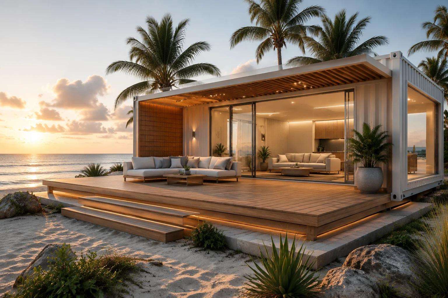 Contemporary Cabin Expandable Container House  modern forest cabin retreat with glass walls and warm interior lighting