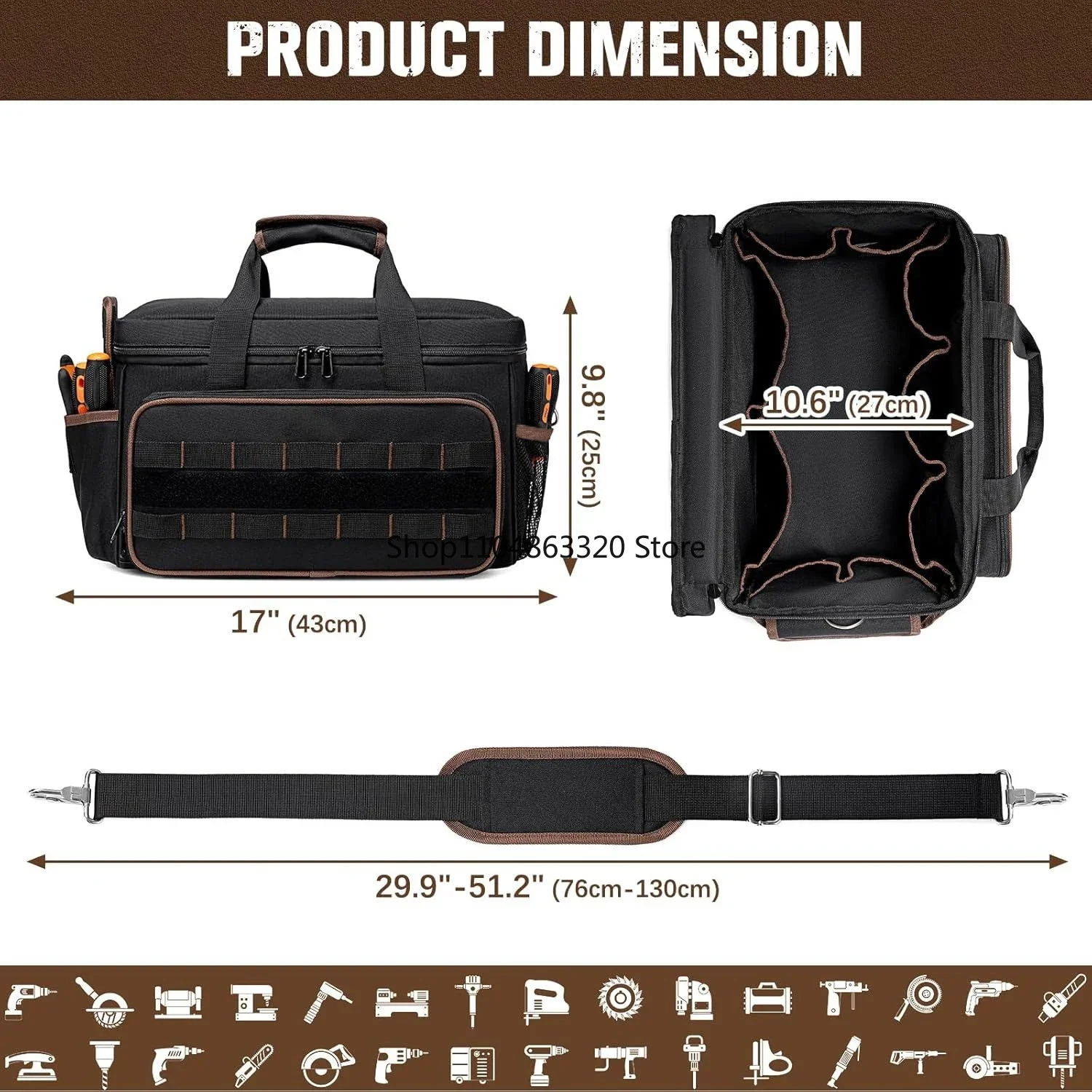 17''Large Capacity Tool Kit 20 Pockets Portable Tool Kit with Shoulder Strap Wide Mouth Tool Bag for Electrician Mechanics