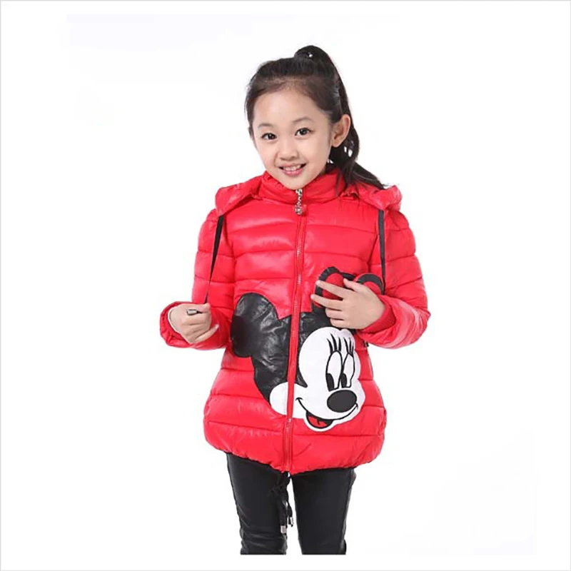 Disney Mickey Mouse Girls 2024 Winter Jacket Kids Cartoon Minnie Hooded Zipper Cotton-Padded Parka Children\'s Clothing Outerwear