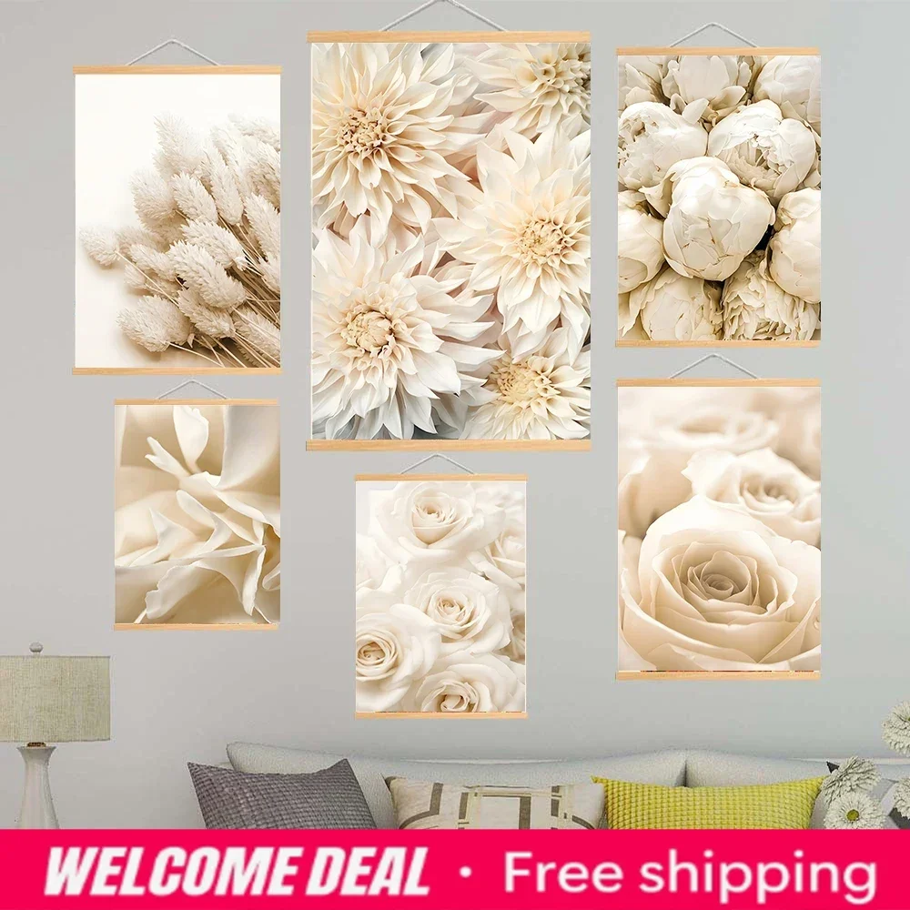 2026  Beige White Peony Rose Flower Reed Solid Wood Hanging Scrolls Paiting Posters And Print Wall Pictures For Living Room H
