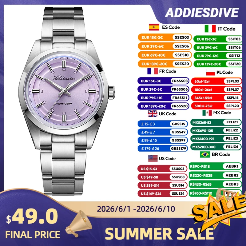 

ADDIESDIVE AD2515 Luxury Quartz Watch 36mm 316L Steel Case VH31 Movement Bubble Crystal BGW9 Blue Lume 100M Waterproof