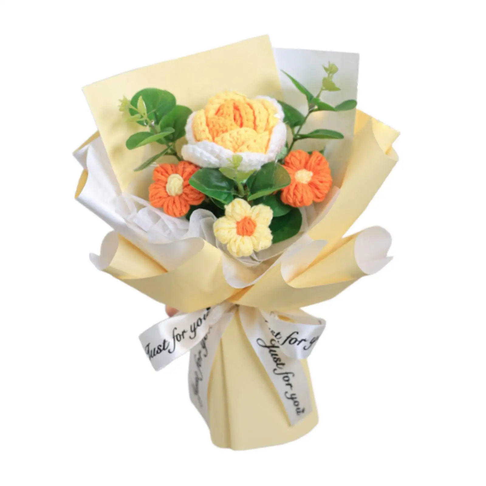Crochet Flower Bouquet Artificial Eucalyptus Leaves Decoration Artificial Flower for Wedding Mother Day Party Shelf Birthday