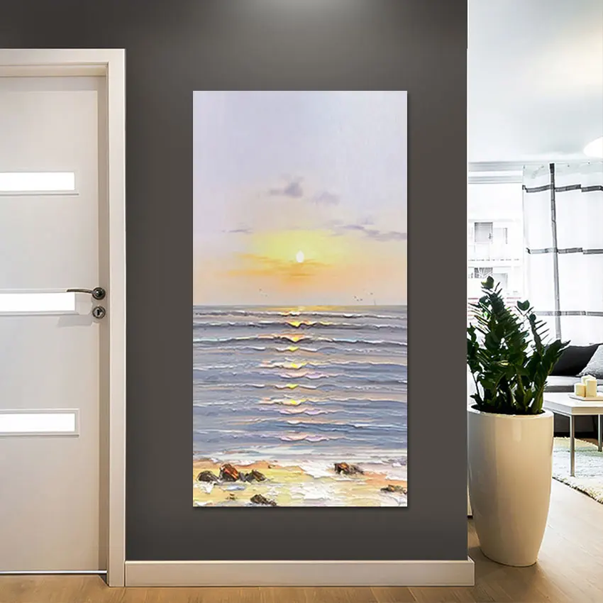 Large Size Sunset Landscape Painting Custom Canvas Artwork Sea Wave Restaurant Wall Decoration Abstract Art Picture Unframed