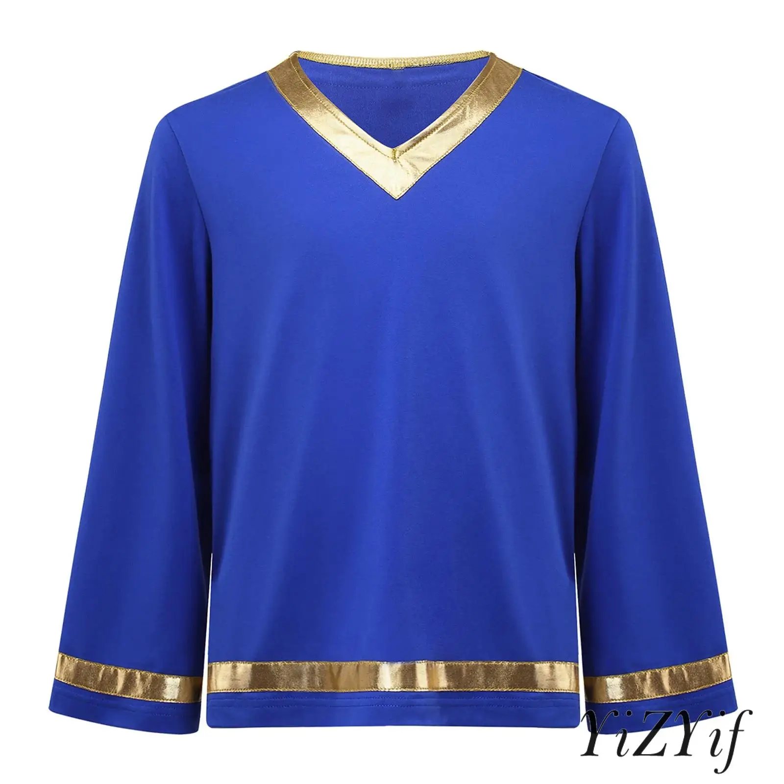 

Kids Boys Liturgical Praise Dance Pullover Tops Metallic Shiny V-neck Long Sleeve Worship Praise Dance Top Shirts Dancewear