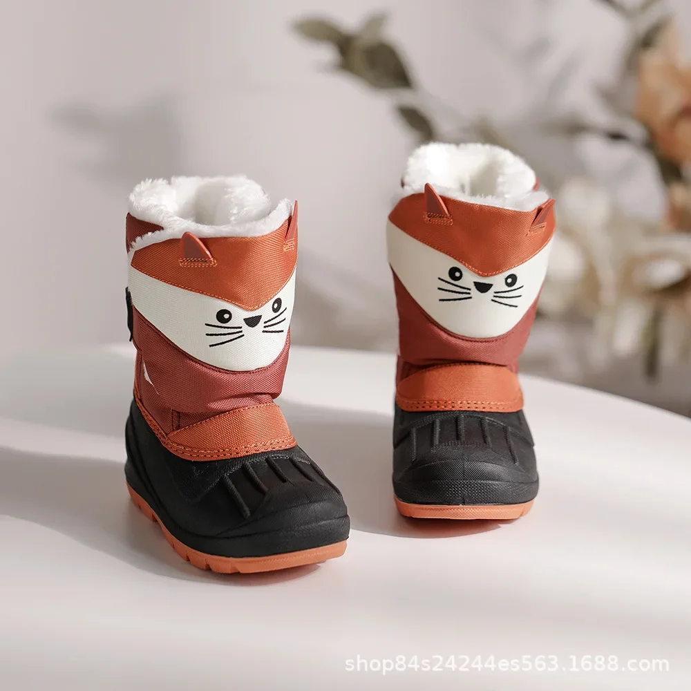 

Children's 2025 Winter Cute Cartoon Fox Snow Boots Fleece Warm Waterproof Non-Slip Kids Cotton Shoes