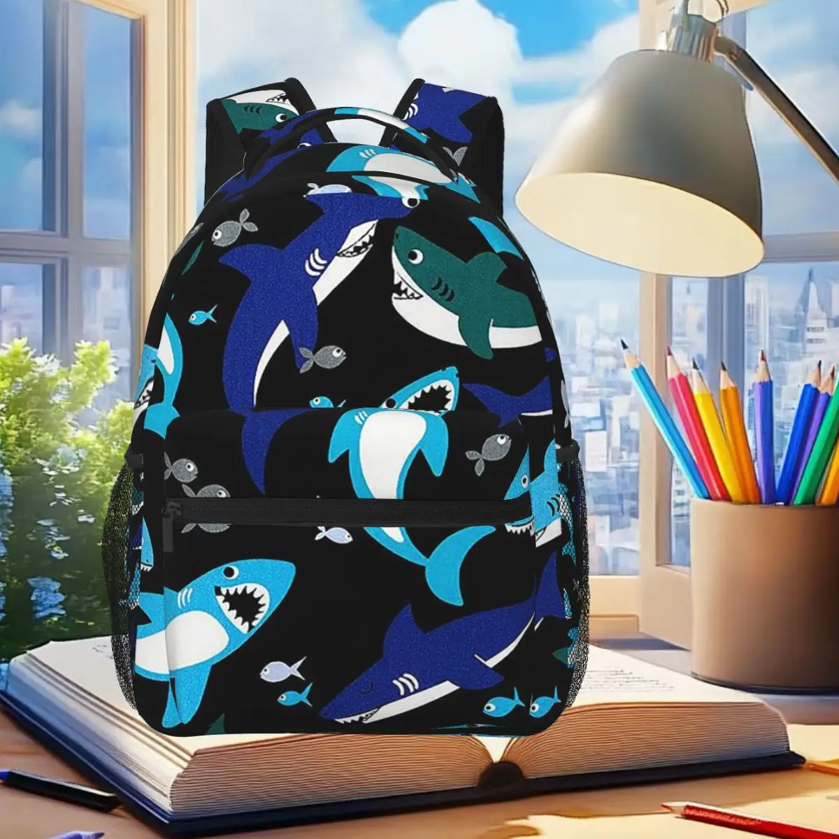 

Cartoon Great White Shark Pattern Backpack Student Boys Girls BookBag Children School Bag Computer Shoulder Bags for Men Women