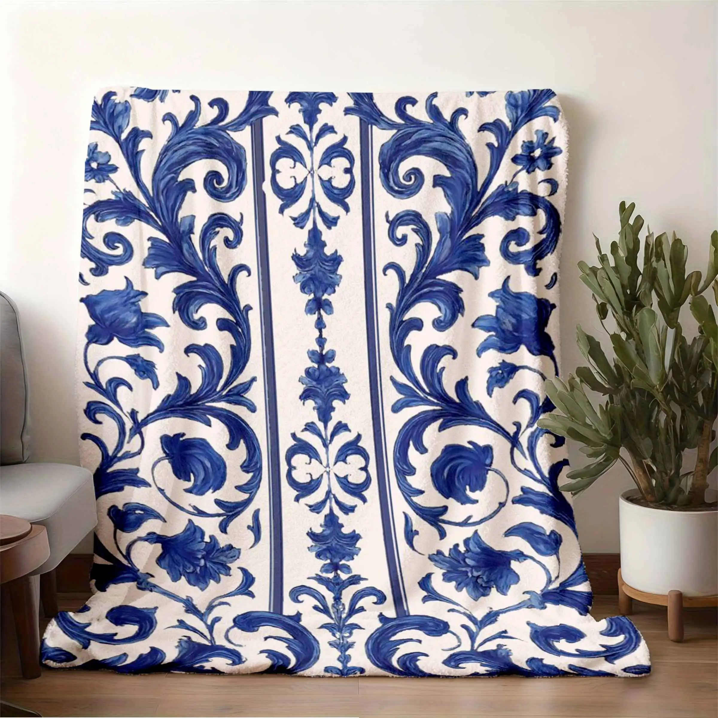 Vintage European Blue and White Scroll Pattern Art Blanket, Luxury Classic Floral Decorative Throw, Soft Skin-friendly Breathabl