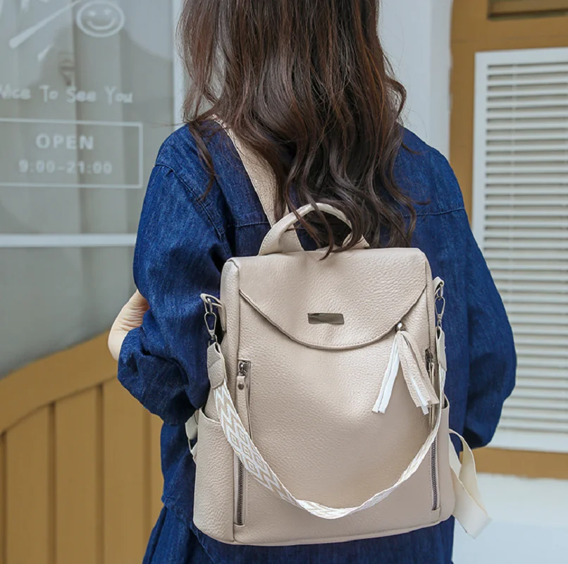 New Fashion Tassels High Quality Leather Anti Theft Travel Backpacks Women's Large Capacity Shoulder Bags Laptop School Bag