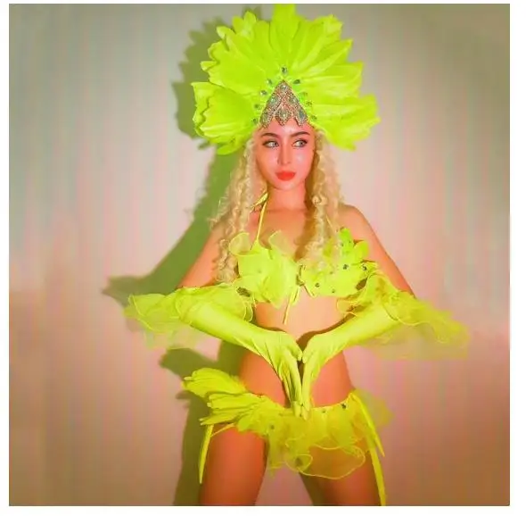 

Sexy Fluorescent Green Feather Headdress Bikini Set Women Singer DJ Dancer Team Stage Wear Nightclub Bar Performance Costume