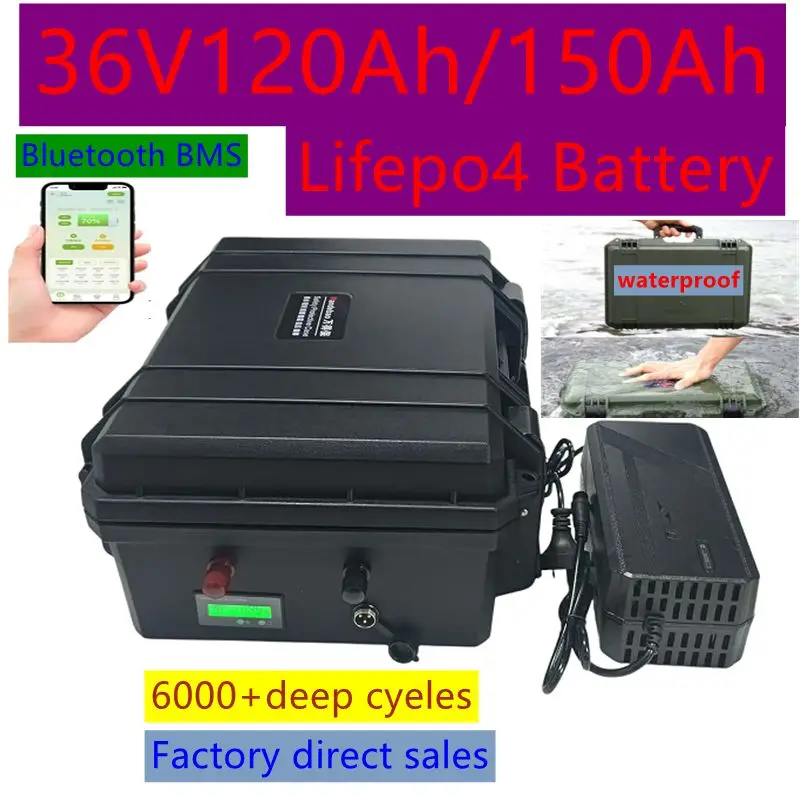 

36V 150AH lifepo4 36v 120Ah lifepo4 lithium battery bluetooth APP BMS for 4kw 6kw 9kw go cart bike scooter boat +10A Charger