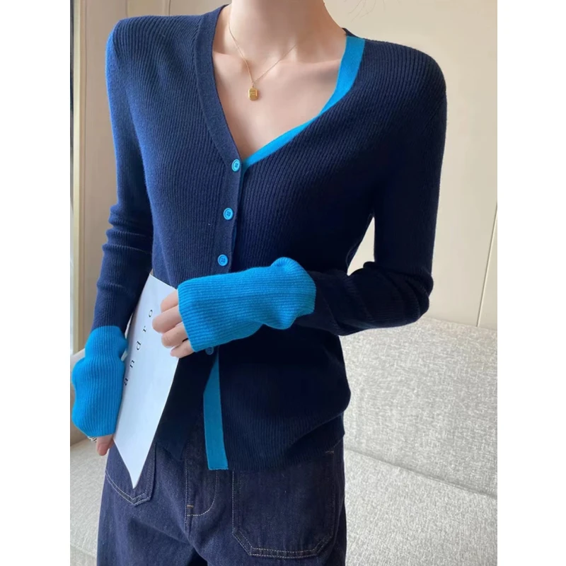 maglione lavorato a maglia a maniche lunghe con scollo a V coreano con giunture a contrasto cardigan top versatile slim monopetto primavera autunno da donna