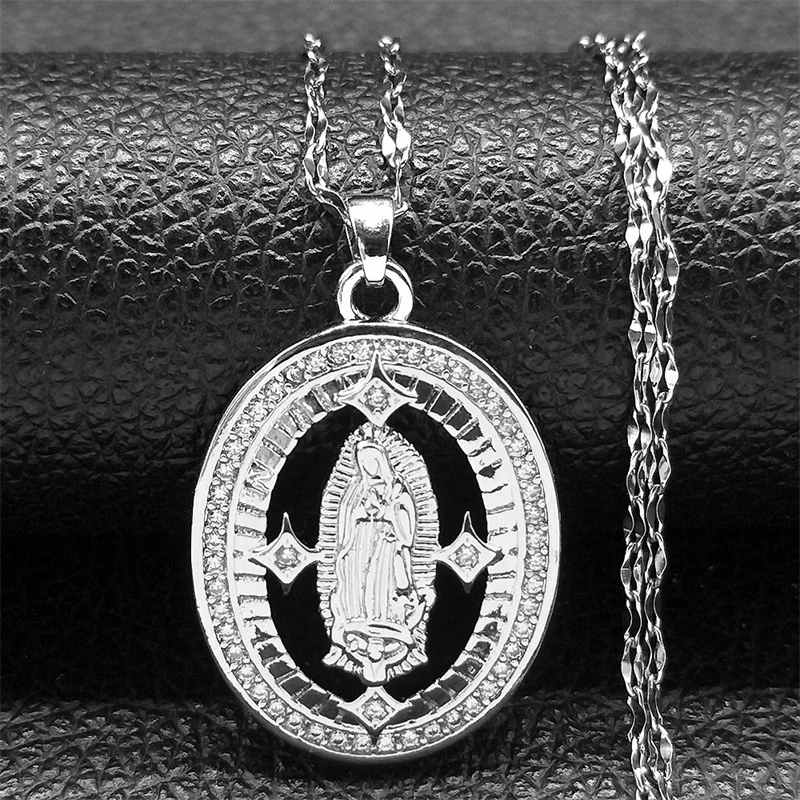 Coquette Virgin Mary Copper Zircon Medal Pendant Necklace for Women Men Stainless Steel Silver Color Our Lady Guadalupe Jewelry