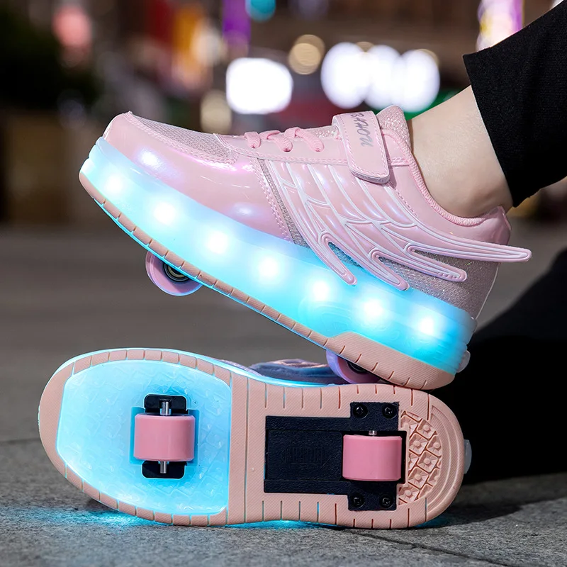 Children's Two-wheel Roller Skate Shoes Kids Smooth-wheel Shoes Boys and Girls Fashion Roller Skates with LED Light Flying Shoe
