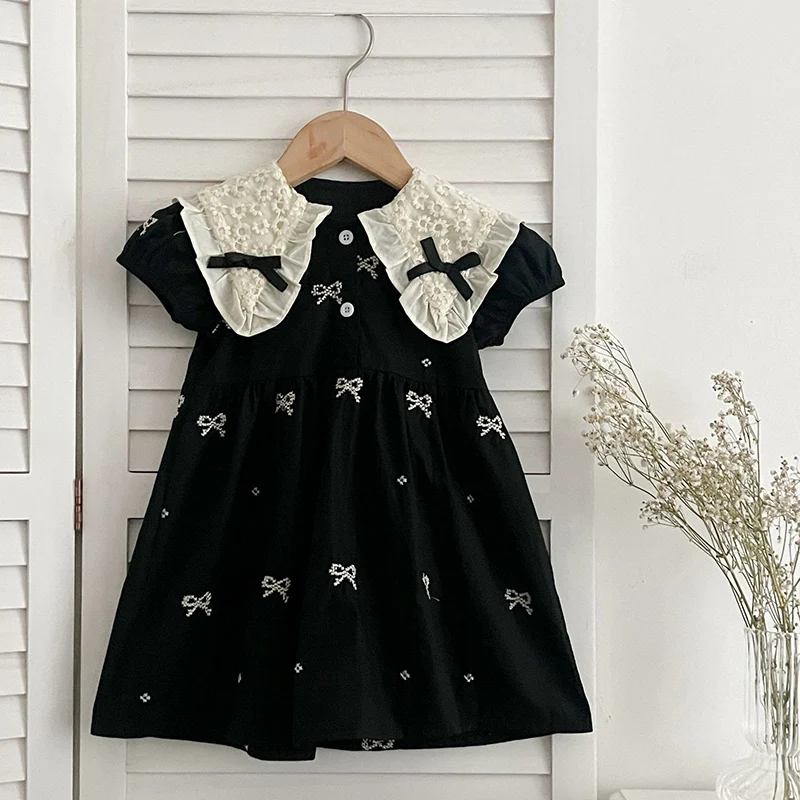 

Girls Fashion Embroidered Bow knot Dress Summer New Little Girls Toddler Princess Dresses Lace Kids Short Sleeve Party Clothes