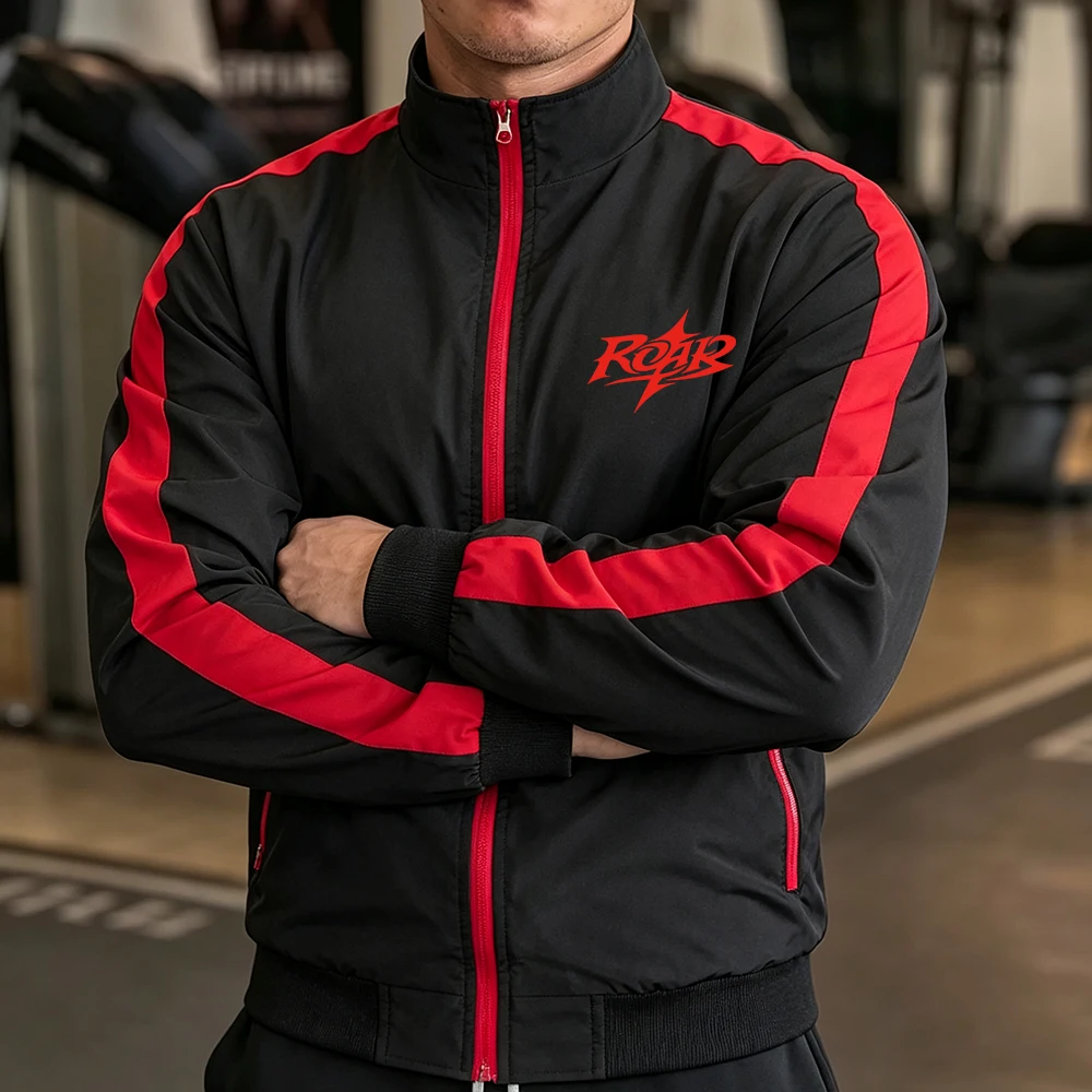 Mens Workout Stand Collar Track Jacket ROAR Text Print Red Side Striped Full Zip Up Coat Casual Daily Gym Running Sport Tops