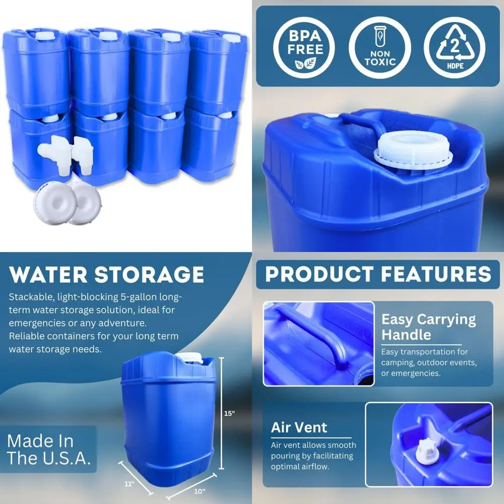 Contenedores de almacenamiento de agua apilables de 5 galones con tapas y espiga para suministros de supervivencia de emergencia