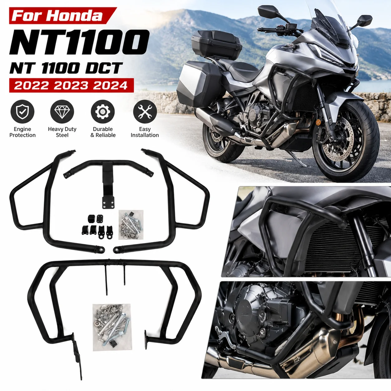 Do motocykla Honda NT1100 NT 1100 DCT 2022 2023 2024: górne i dolne osłony ochronne, zderzak, klatka ochronna, osłona silnika, osłona zbiornika paliwa, akcesoria.