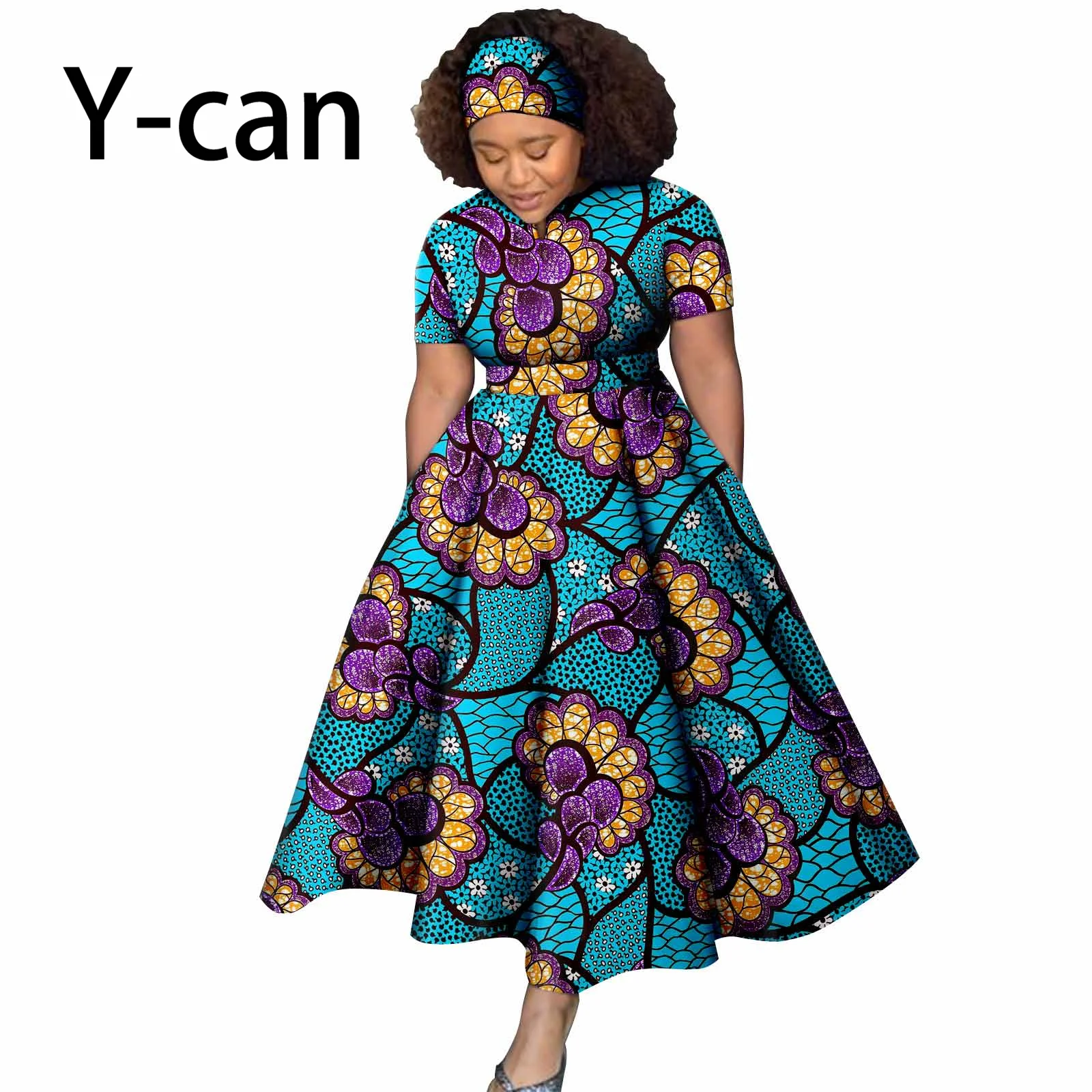 African Women Dress Dashiki Ankara Elegant Ladies Short Sleeves Dress Party Evening Prom with Headscarf Evening Dress Y2225024