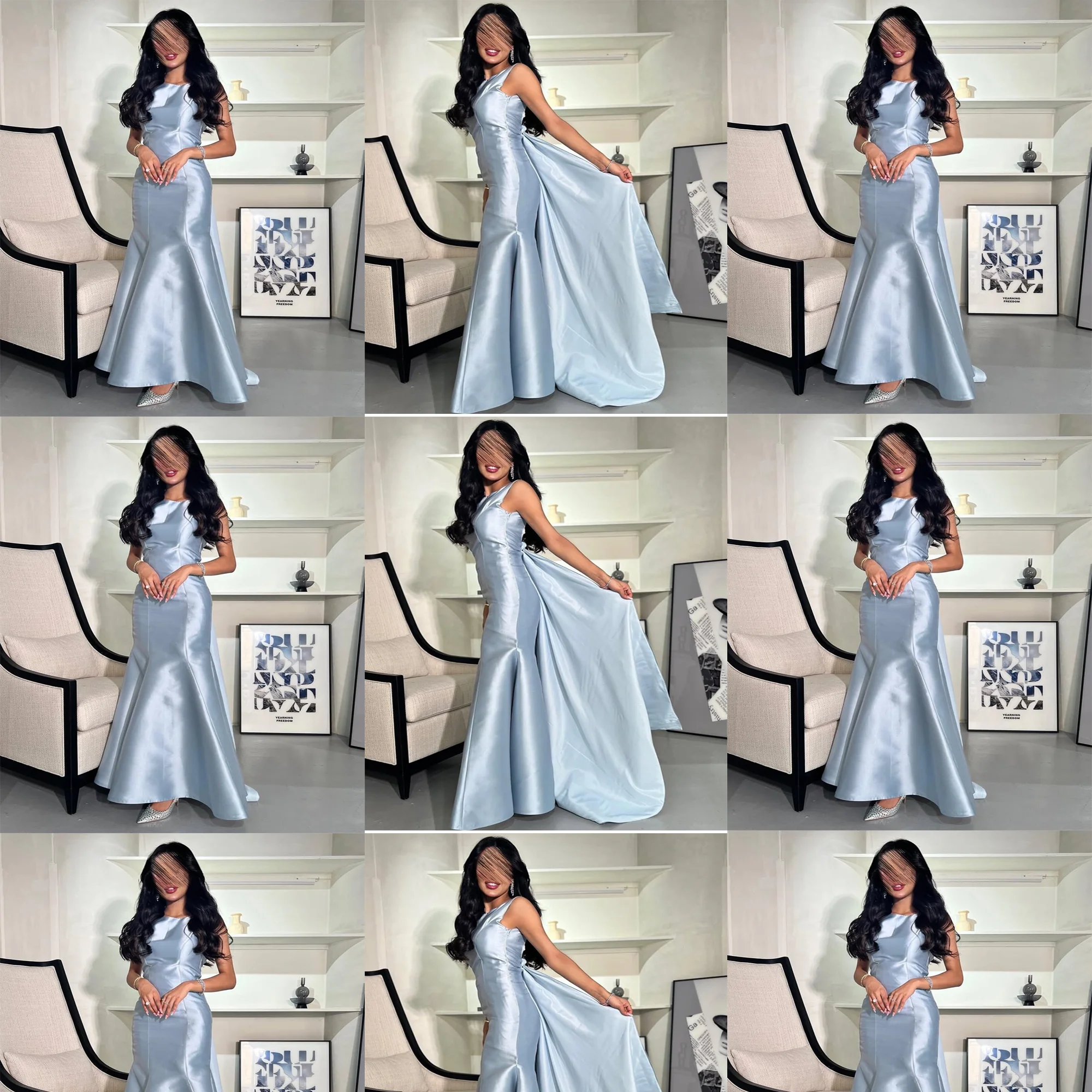 

Custom Made Women's Elegant Spaghetti Straps Satin Evening Arab Gown Backless Sheath Long Prom Dress with 3D Flowers Court