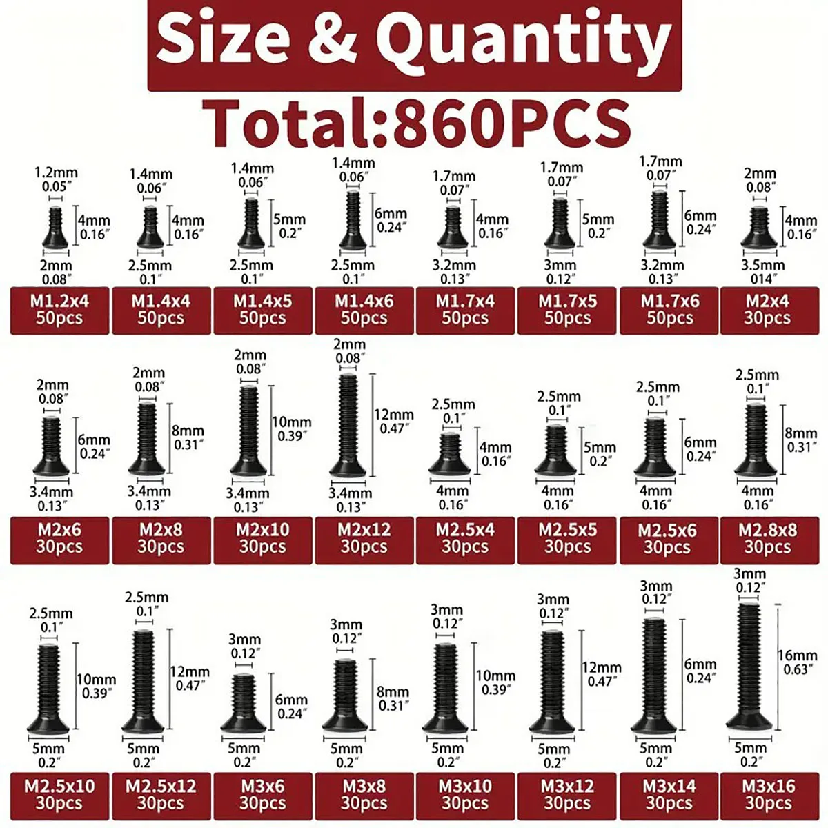 860Pcs Small Computer Screws Assortment Kit M1.2 M1.4 M1.7 M2 M2.5 M3 PC Laptop SSD Hard Drive Screw Black Tiny Eyeglass Screws