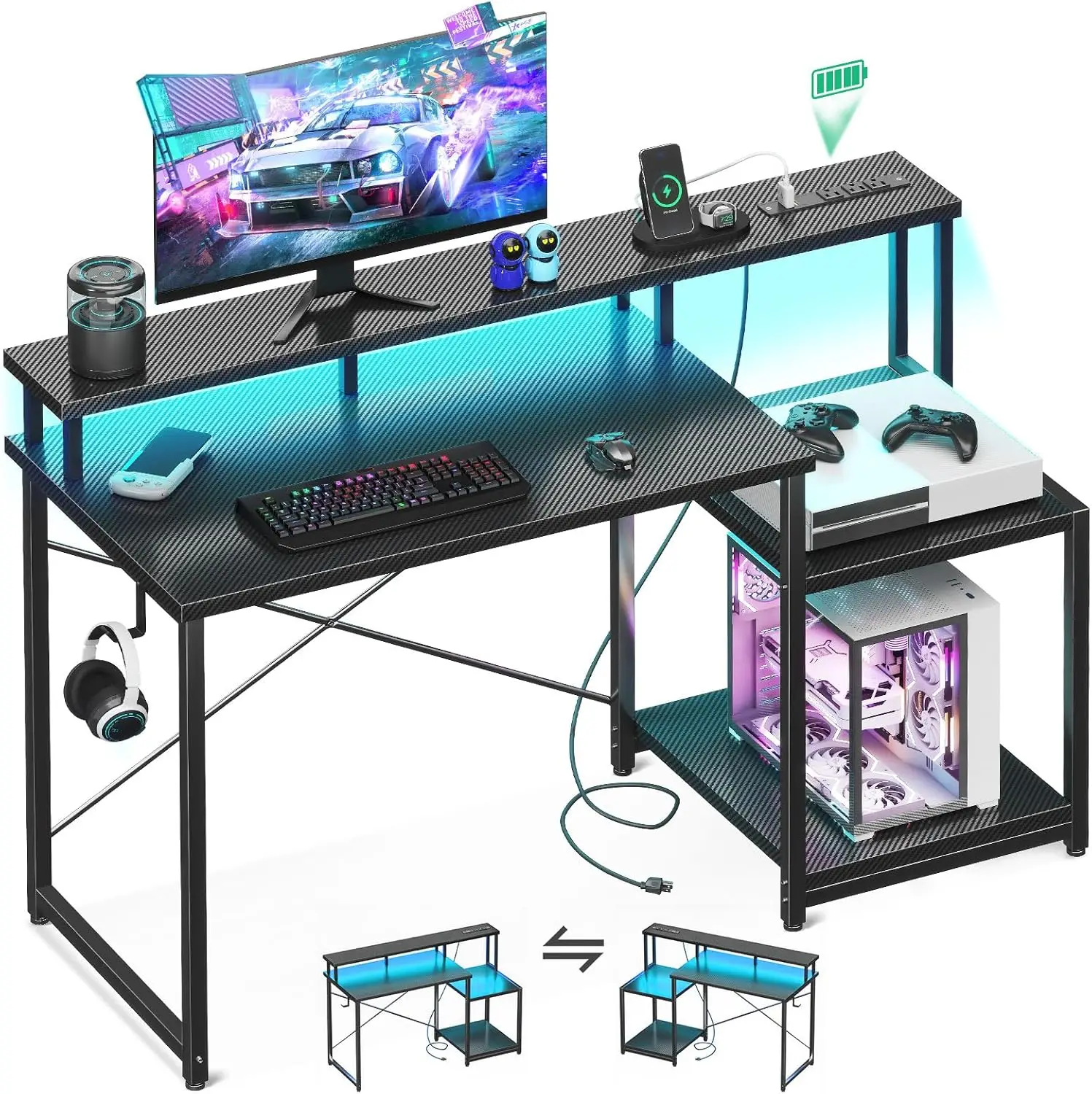 Computer Desk, 48 Inch Gaming Desk with Led Lights & Power Outlet, Office Desk with Printer Storage Shelves