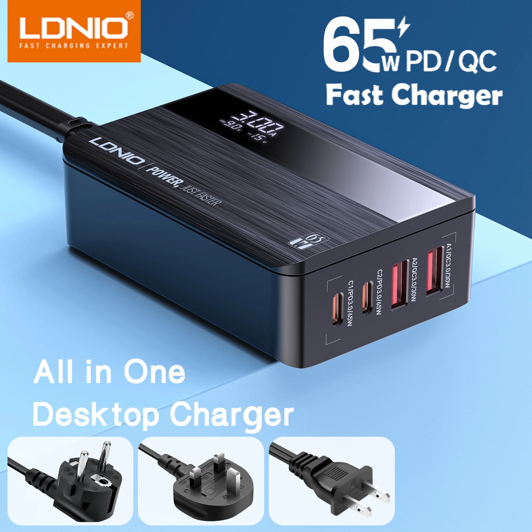 

65W USB зарядное устройство LDNIO 4-Port USB зарядное устройство блок с LED дисплеем PPS Multiport Fast зарядное устройство адаптер с PD QC4.0 для ноутбука MacBook Pro/Air, iPad Pro, iPhone 15, Galaxy, Dell XPS