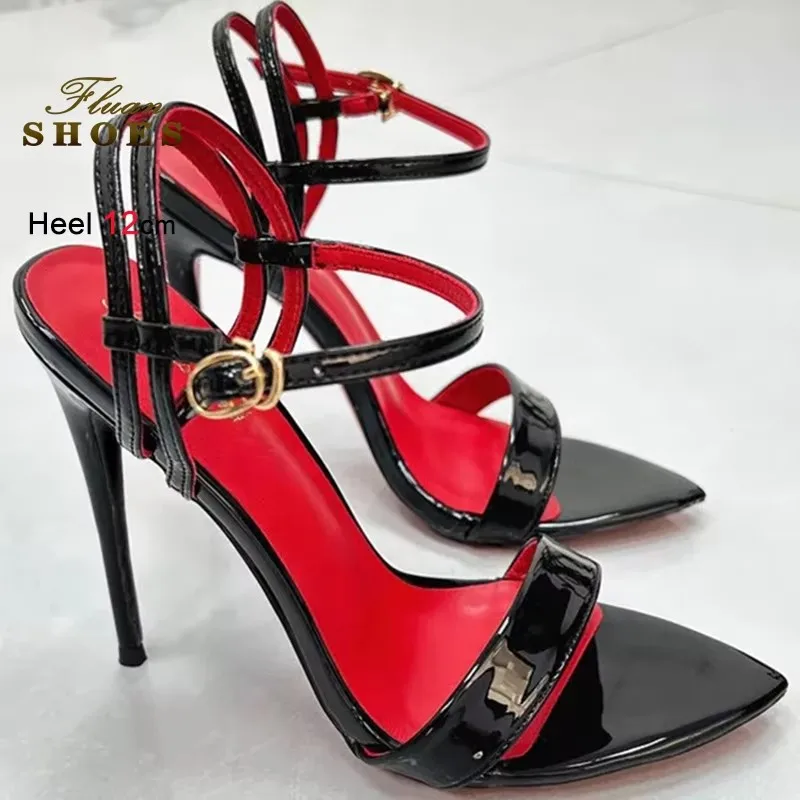 

Summer Black Red Women's Shoes Thin Heels 10/12cm Pointed Head Ankle Buckle Ladies Pumps Back Double Straps Sandals Party Shoes
