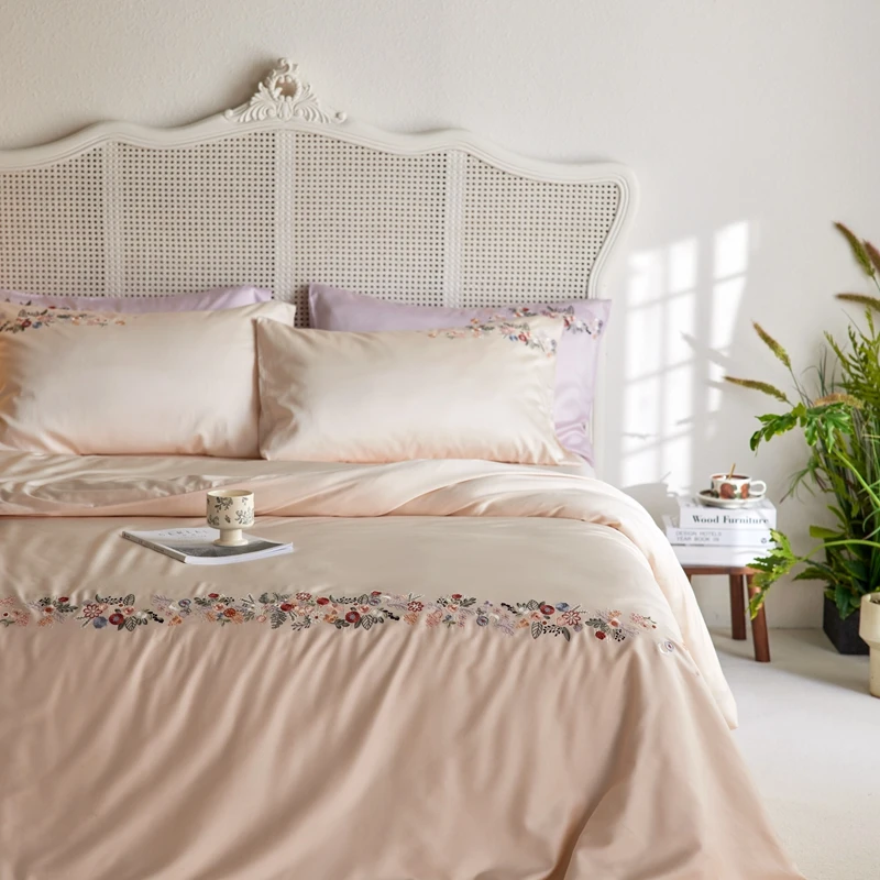 

800TC Lyocell Fiber Soft Silky Cooling Summer Bedding Set Flowers Embroidery Duvet Cover Bed Sheet/Fitted Sheet Pillowcases 4Pcs