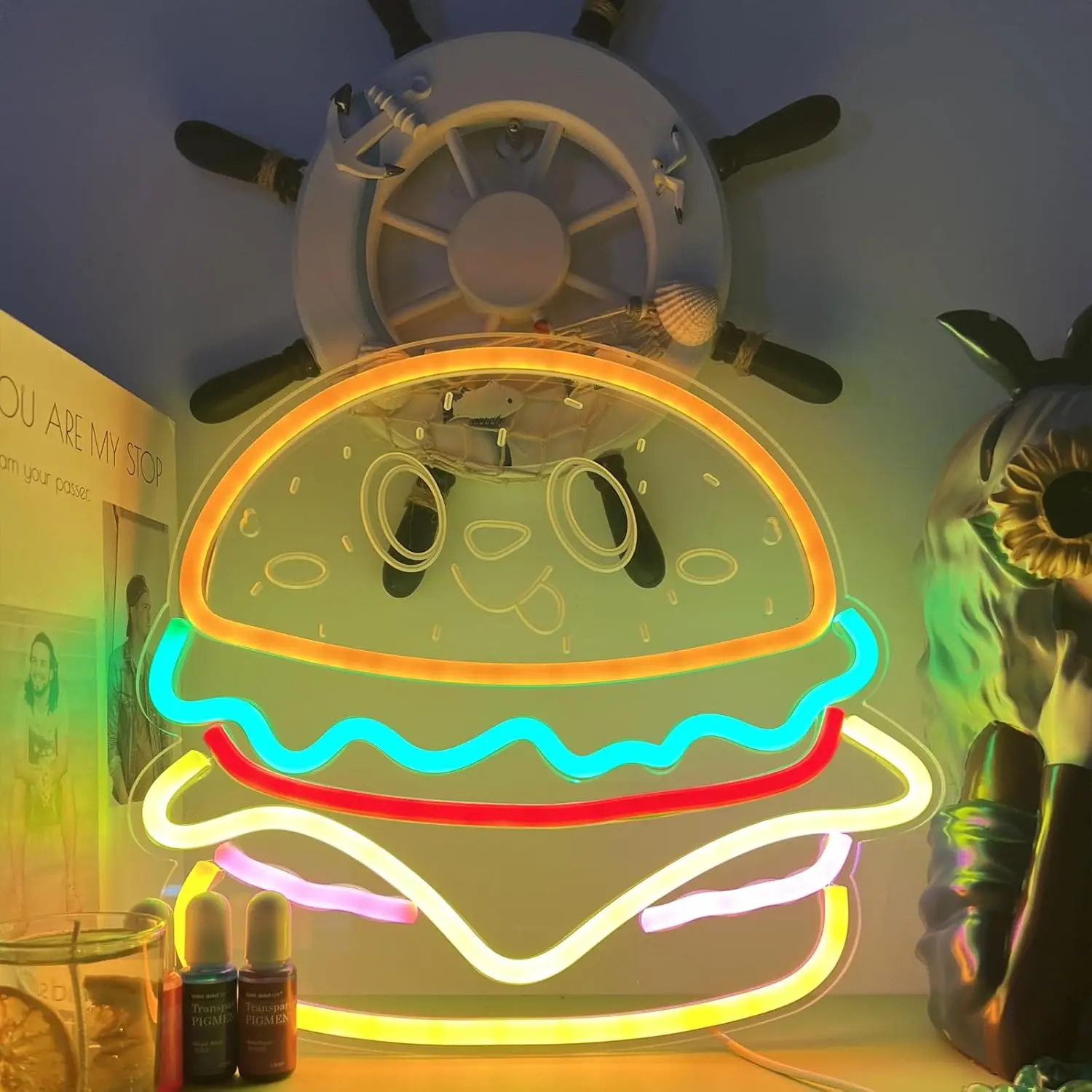 Hamburger Neon Sign Smiling Face Design LED Neon Light for Wall Decor USB Powered for Home Restauran Burger Shop Bar Decoration