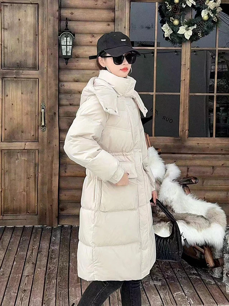 Winter Long Detachable Hooded Parker Down Jacket Female Drawstring Warm Knee Length Outwears Women White Duck Down Jackets Coat