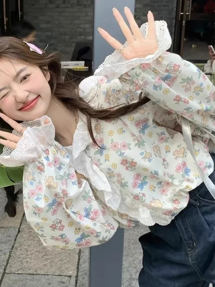 Chemises florales à volants pour femmes, douce, ample, décontractée, mignonne, japonaise, manches longues, Design Vintage, Prairie Chic, hauts