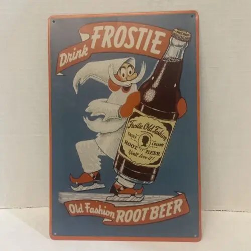 FROSTIE ROOT BEER TIN SIGN OLD FASHIONED Wizard Gnome Mascot Ice Skating Logo-Aluminum-tin sign