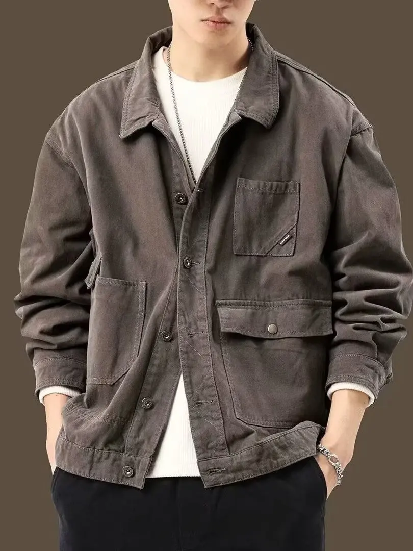 Retro American Denim Jacket Men's Autumn New Loose Casual Outdoor Workwear Top Multi-Pocket Water-Washed Standard Fit Jeans